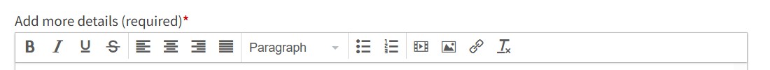 Shows the formatting toolbar with tools for bold, italic. justification, paragraph and heading styles and image/media upload